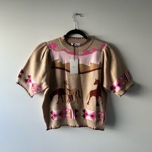 THML pink and tan horse printed short sleeve sweater